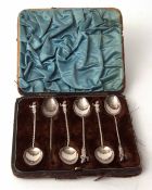 Cased set of six Victorian figural coffee spoons, each with plain and polished bowls, twisted