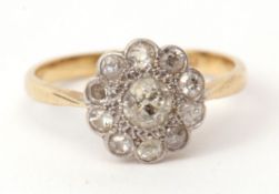 Precious metal and diamond cluster ring, the principal diamond 0.2ct approx, surrounded by 10 small