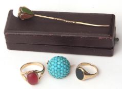 Mixed Lot: Victorian cased stick pin, having a lantern style finial with hardstone panels, a