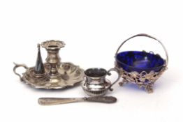 Mixed Lot: electro-plated chamber stick with shaped saucer base, scrolling thumb-piece, detachable