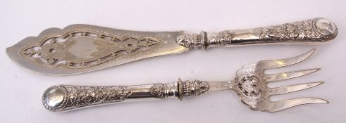 Pair of Victorian electro-plated fish servers each with pierced and engraved blade and tines and