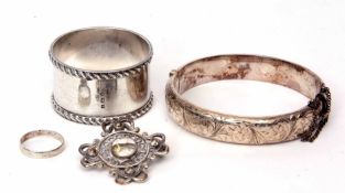 Mixed Lot: hallmarked silver serviette ring, silver open work brooch, silver hinged bracelet, part