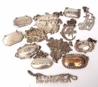 Mixed Lot: white metal and plated decanter labels including two for Brandy and Whisky, two for