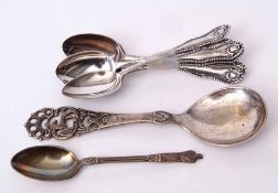 Six hallmarked silver tea spoons, together with a further Continental serving spoon with cast handle