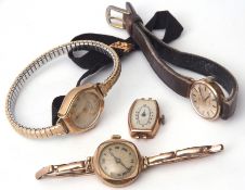 Mixed Lot: three various 9ct gold ladies wrist watches together with a further gold plated