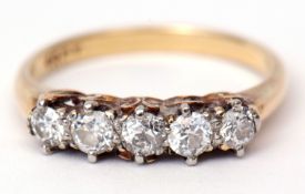 Five-stone diamond ring, the 5 small diamonds claw set and raised in a pierced gallery, diamond