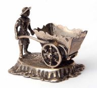Late 19th century Dutch model of a gardener with a large wheelbarrow on a shaped oval base, length 6