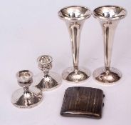 Mixed Lot: pair of plain and polished silver trumpet vases, together with a pair of squat