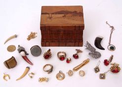 Inlaid wooden box to include small amount of jewellery costume, marcasite brooch, rings, earrings