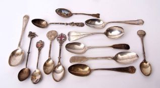 Mixed Lot: ten various tea spoons and souvenir type spoons, combined weight approx 195gms,