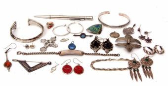 Mixed Lot: mainly white metal jewellery to include two bangles, Aztec design earrings, identity