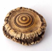 Late 19th century stag antler mount snuff box of shaped form with ring turned detail, width 6cms