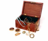 Mahogany box, contents include a small quantity of brooches, necklaces etc