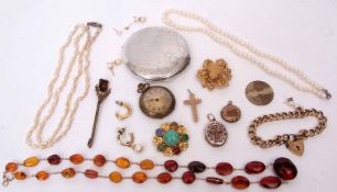 Mixed Lot: vintage metal compact, gold plated curb link bracelet, gilt metal fob watch, seed pearl