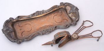 Mid-19th century silver on copper candle snuffer tray and snuffers, tray of waisted rectangular form