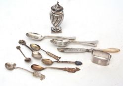 Mixed Lot: Victorian urn shaped pepper caster, single oval napkin ring, mother of pearl handled