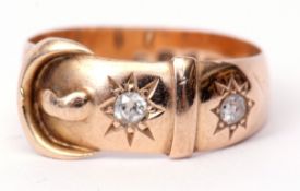 Early 20th century 18ct gold and diamond buckle ring, the plain polished design having 2 old cut