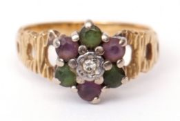Antique Suffragette ring, amethyst, peridot and diamond set, the central small diamond within a