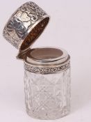 Edward VII toiletry bottle of cylindrical form with hinged and domed cover with vacant cartouche and