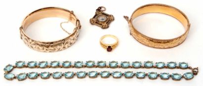 Mixed Lot: two rolled gold hinged bracelets, foliate engraved, gilt metal framed compass pendant,