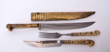 Mixed Lot: European bone handled knife and fork with brass pique work inlaid handle and engraved