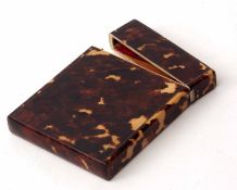 Late 19th century tortoiseshell and pewter line inlaid card case, the hinged cover with sprung clasp