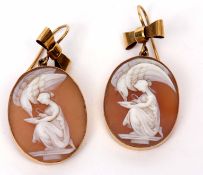 Pair of antique shell cameo earrings, the oval shaped cameo depicting Hebe, the Greek goddess of