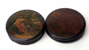 Mixed Lot: two various papier mache circular snuff boxes, one with cover depicting a rapidly