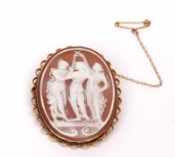 9ct gold cameo brooch depicting the Three Graces, framed in a hallmarked 9ct gold mount,