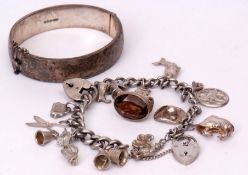 Mixed Lot: hallmarked silver hinged bracelet, engraved and chased with a floral design, hallmarked