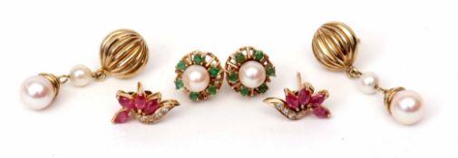 Mixed Lot: three pairs of 9ct gold earrings, all with post fittings, ruby and diamond cluster,