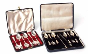 Mixed Lot: cased set of six Hanoverian shell pattern coffee spoons with matching sugar tongs,