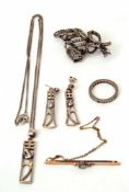 Mixed Lot: marcasite set ribbon brooch and marcasite set ring, 9ct stamped bar brooch and a modern