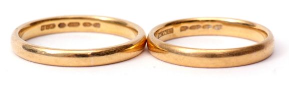 Mixed Lot: two 22ct plain polished wedding rings, one Birmingham 1954, size Q/R, the other London