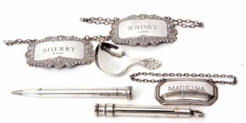 Mixed Lot: three various decanter labels, together with an Elizabeth II caddy spoon, a silver