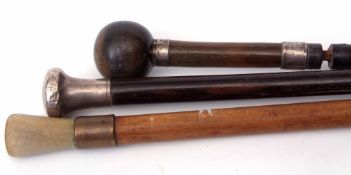 Mixed Lot: silver mounted and rosewood shafted walking cane, together with a further horn mounted