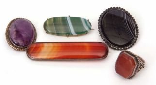 Mixed Lot: white metal and carnelian ring, blue-john set oval brooch together with three antique