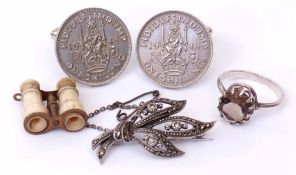 Mixed Lot: pair of 1948 one shilling coin cuff links, swivel fittings, a marcasite brooch, pair of