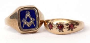 Mixed Lot: 9ct gold and blue enamel Masonic ring, rectangular shaped panel with compass and square