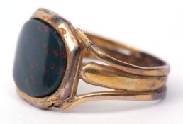 Vintage gilt metal and bloodstone signet ring, the oval shaped bloodstone in a plain rub-over