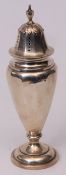 George V table caster of inverted and faceted baluster form with pierced pull off cover, cast and