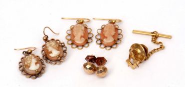 Mixed Lot: pair of 9ct gold and cameo earrings, pair of 9ct dome shaped earrings, pair of rolled