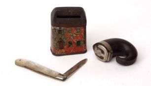 Mixed Lot: small transfer decorated tin money box modelled in the form of a cottage by Rothwell,