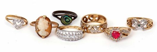 Mixed Lot: two modern 9ct gold and diamond set dress rings, three 9ct stamped and paste set rings,