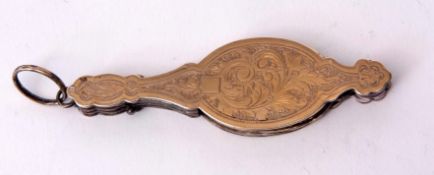 19th century gilt folding and sprung lorgnette with shaped and engraved plates and sprung clasp