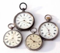 Mixed Lot: four various silver cased open face watches including three lever and one cylinder