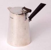 Late Victorian chocolate pot of polished tapering cylindrical form with hinged cover with hardwood