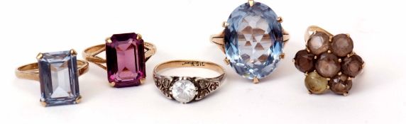 Group of four 9ct stamped and coloured glass dress rings, together with an 18ct and silver stamped