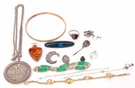 Mixed Lot: large 1896 Victorian coin pendant and chain, green hardstone bracelet, 925 stamped
