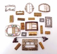 Collection of antique buckles to include two large hallmarked silver cast buckles, a gilt metal